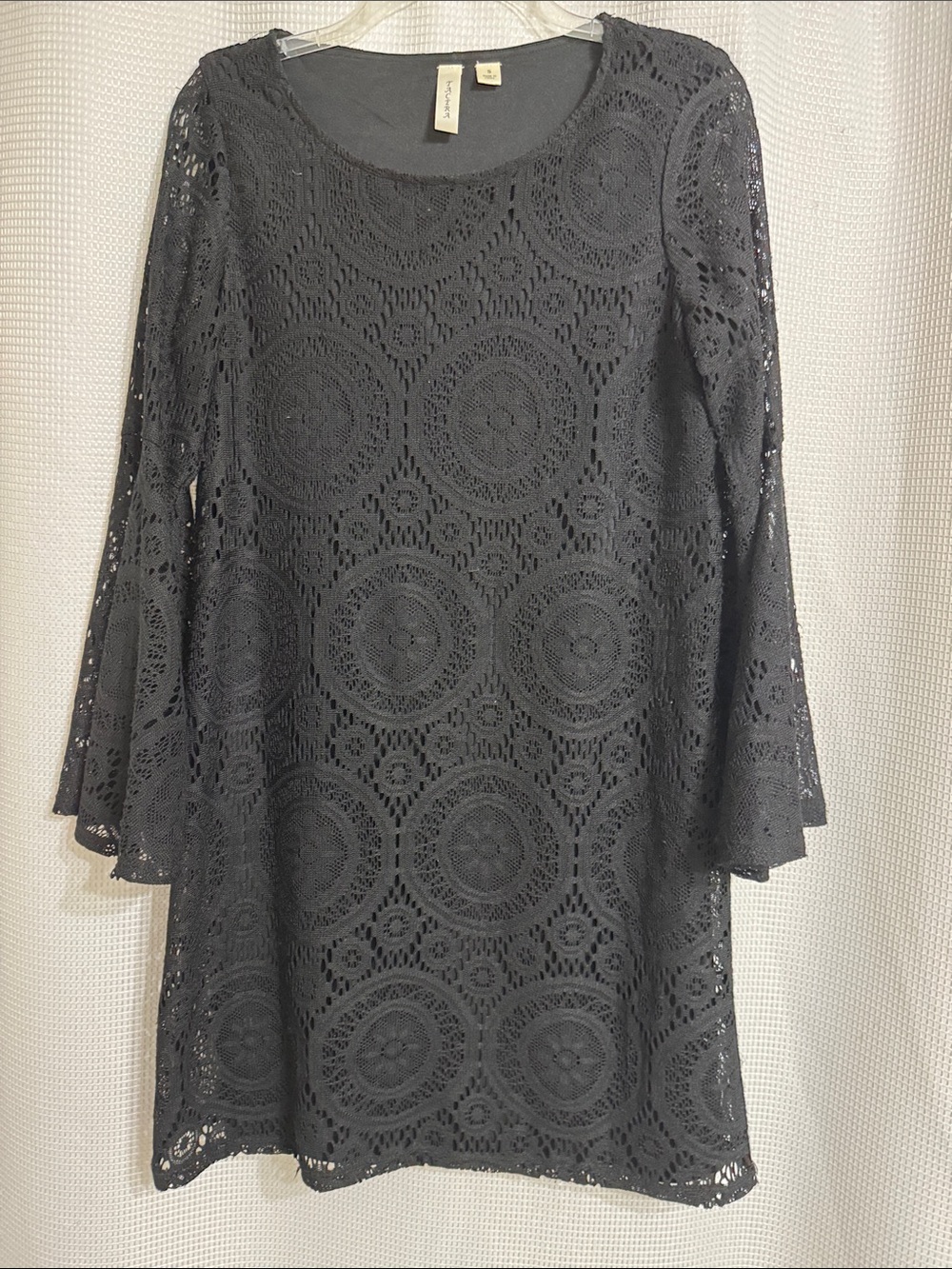 Tacera jet black lace with bell long sleeves dress. Size S